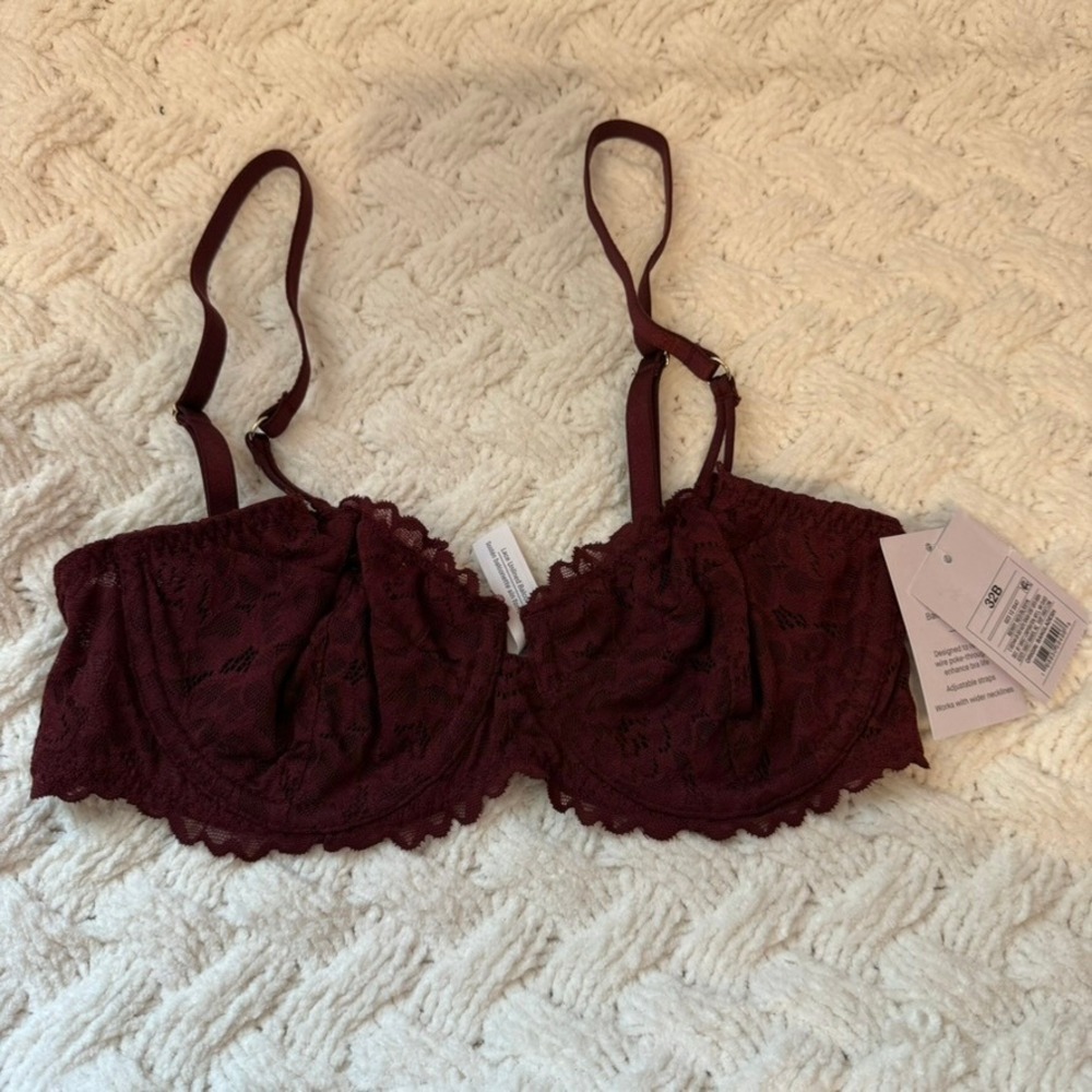 Auden Women Lace Unlined Comfort Wire Balconette Bra Burgundy 32B NWT